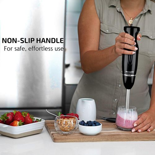  Ovente Immersion Hand Blender with Brushed Stainless Steel Blades, Ergonomic Handle, Detachable Shaft, 2 Blending Speeds Stick Blender for Smoothies, Puree Baby Food and Soup, Blac