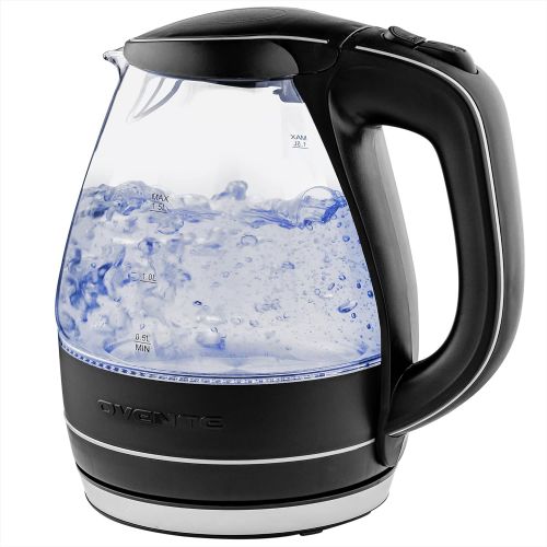  [아마존베스트]Ovente Portable Electric Glass Kettle 1.5 Liter with Blue LED Light and Stainless Steel Base, Fast Heating Countertop Tea Maker Hot Water Boiler with Auto Shut-Off & Boil Dry Prote