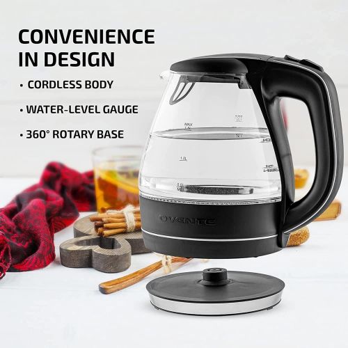  [아마존베스트]Ovente Portable Electric Glass Kettle 1.5 Liter with Blue LED Light and Stainless Steel Base, Fast Heating Countertop Tea Maker Hot Water Boiler with Auto Shut-Off & Boil Dry Prote