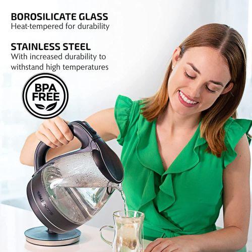  [아마존베스트]Ovente Portable Electric Glass Kettle 1.5 Liter with Blue LED Light and Stainless Steel Base, Fast Heating Countertop Tea Maker Hot Water Boiler with Auto Shut-Off & Boil Dry Prote