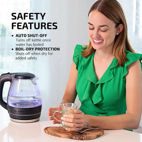  [아마존베스트]Ovente Portable Electric Glass Kettle 1.5 Liter with Blue LED Light and Stainless Steel Base, Fast Heating Countertop Tea Maker Hot Water Boiler with Auto Shut-Off & Boil Dry Prote