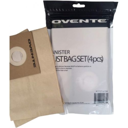  [아마존베스트]Ovente 4-Pack Premium Disposable Compact Dust Bag Replacement with 99.9% Ultra Filtration, Fit for ST1600 Canister Vacuum Cleaner Model Series Large Size and Easy Storage, Brown AC