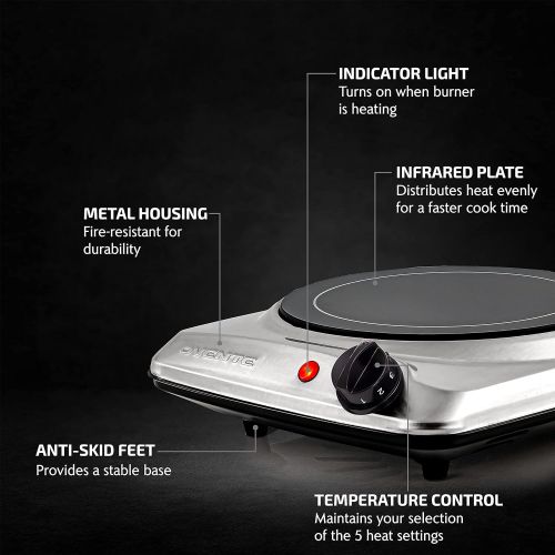  [아마존베스트]Ovente 7 Inch Single Hot Plate Electric Glass Infrared Stove, 1000 Watt Portable Cooktop Countertop Kitchen Burner with Adjustable Temperature Control & Stainless Steel Base Easy C