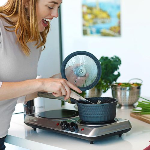  [아마존베스트]Ovente 6.5 & 7 Inch Double Hot Plate Electric Glass Infrared Stove, 1700 Watt Portable Cooktop Countertop Kitchen Burner with Temperature Control & Stainless Steel Base Easy to Cle