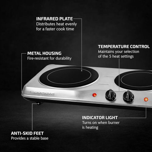  [아마존베스트]Ovente 6.5 & 7 Inch Double Hot Plate Electric Glass Infrared Stove, 1700 Watt Portable Cooktop Countertop Kitchen Burner with Temperature Control & Stainless Steel Base Easy to Cle