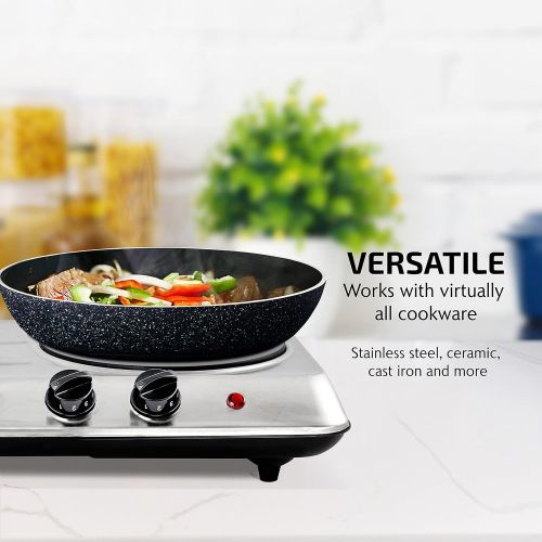  [아마존베스트]Ovente 6.5 & 7 Inch Double Hot Plate Electric Glass Infrared Stove, 1700 Watt Portable Cooktop Countertop Kitchen Burner with Temperature Control & Stainless Steel Base Easy to Cle