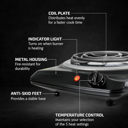  [아마존베스트]Ovente 6 Inch Single Hot Plate Electric Coil Stove, Portable 1000 Watt Cooktop Countertop Kitchen Burner with Adjustable Temperature Control & Stainless Steel Base, Compact Easy Cl