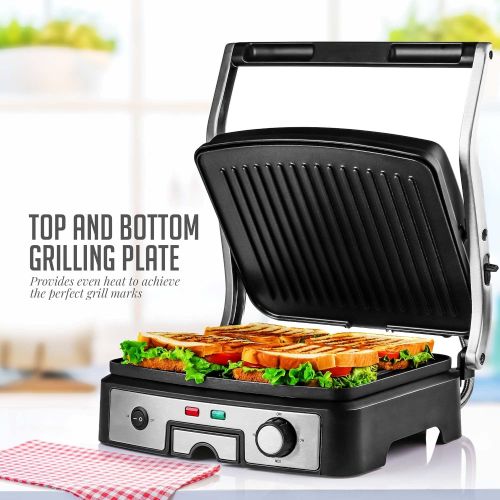  [아마존베스트]Ovente Electric Panini Press Grill Bread Toaster Nonstick Double Sided Flat Plates with 3 Temperature Setting & Removable Drip Tray, 4 Slice Sandwich Maker for Burger & Grilled Che