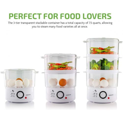  [아마존베스트]Ovente Electric Food Steamer 7.5 Quart with 3 Tier Stackable Portable BPA-Free Baskets for Cooking Vegetable and Fish, 400 Watt Power Countertop Steamer Fast Steaming with 60-Minut