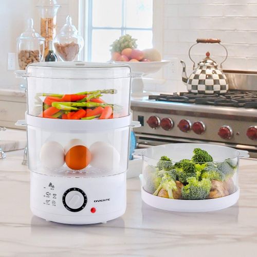  [아마존베스트]Ovente Electric Food Steamer 7.5 Quart with 3 Tier Stackable Portable BPA-Free Baskets for Cooking Vegetable and Fish, 400 Watt Power Countertop Steamer Fast Steaming with 60-Minut