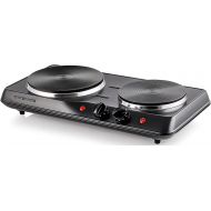 Ovente Electric Double Burner 6 & 7 Inch Cast Iron Hot Plates Cooktop with 5 Level Temperature Control & Easy Clean Stainless Steel Base, Portable Countertop Stove for Home Dorm Of
