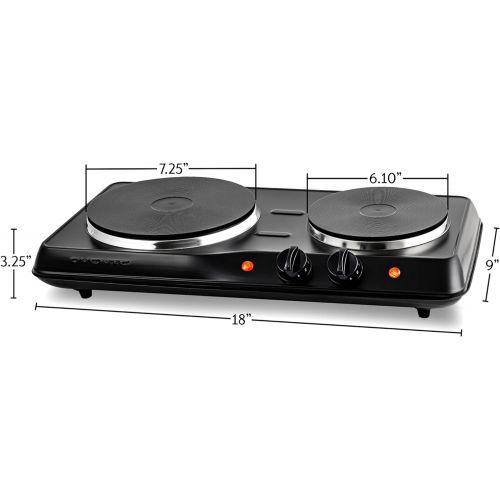  Ovente Electric Double Burner 6 & 7 Inch Cast Iron Hot Plates Cooktop with 5 Level Temperature Control & Easy Clean Stainless Steel Base, Portable Countertop Stove for Home Dorm Of