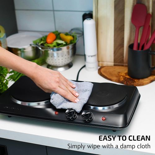  Ovente Electric Double Burner 6 & 7 Inch Cast Iron Hot Plates Cooktop with 5 Level Temperature Control & Easy Clean Stainless Steel Base, Portable Countertop Stove for Home Dorm Of