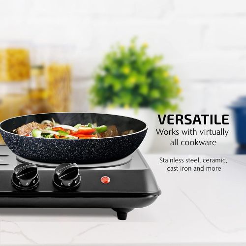  Ovente Electric Double Infrared Burner 7.75 & 6.75 Inch Ceramic Glass Hot Plates Cooktop, 5 Level Temperature Control & Easy Clean Stainless Steel Base, Portable Stove Dorm & Offic
