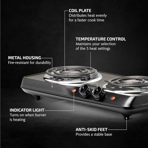  Ovente Electric Double Coil Burner 6 & 5.75 Inch Hot Plate Cooktop with Dual 5 Level Temperature Control & Easy Clean Stainless Steel Base, 1700W Portable Stove for Home Dorm Offic