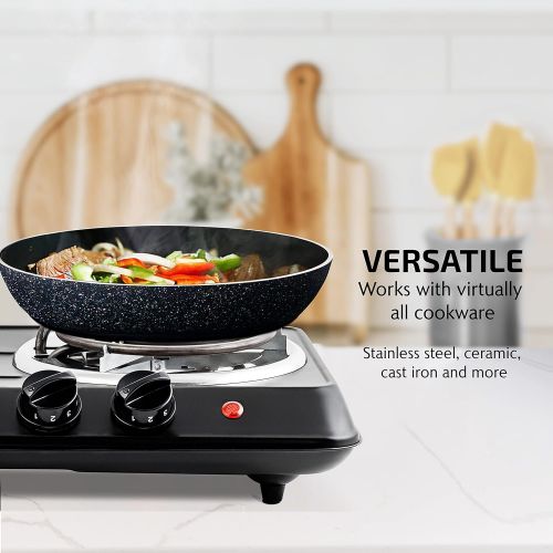  Ovente Electric Double Coil Burner 6 & 5.75 Inch Hot Plate Cooktop with Dual 5 Level Temperature Control & Easy Clean Stainless Steel Base, 1700W Portable Stove for Home Dorm Offic