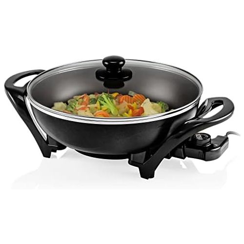  Ovente 13 Inch Electric Kitchen Skillet with Nonstick Aluminum Coated Surface & Glass Lid Cover, Indoor Countertop Cooking Wok with Temperature Control and Handle Compact Easy Clea