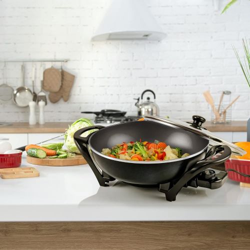  Ovente 13 Inch Electric Kitchen Skillet with Nonstick Aluminum Coated Surface & Glass Lid Cover, Indoor Countertop Cooking Wok with Temperature Control and Handle Compact Easy Clea