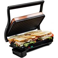 Ovente Electric Indoor Panini Press Grill with Non-Stick Double Flat Cooking Plate & Removable Drip Tray, Countertop Sandwich Maker Toaster Easy Storage & Clean Perfect for Breakfa