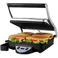 Ovente 4 Slice Electric Indoor Panini Press Grill with Non-Stick Double Flat Cast Iron Cooking Plates & Removable Drip Tray, Countertop Stainless Steel Sandwich Maker Bread Toaster