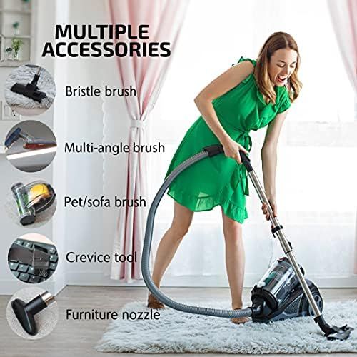  Ovente Heavy Duty Electric Bagless Canister Vacuum Cleaner 3L Dust Cup, Portable Corded Suction Vacuum Machine with Cleaning Tools Compact Easy to Clean & Storage, Black ST2620B