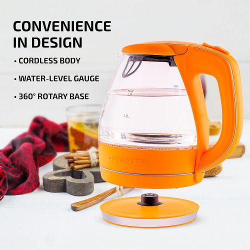  Ovente Electric Kettle Hot Water Boiler 1.5 Liter BPA Free Borosilicate Glass Fast Boiling Countertop Heater with Automatic Shut Off & Boil Dry Protection for Tea Coffee Milk Noodl