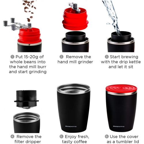  [아마존베스트]Ovente Manual Coffee Grinder Mill with Adjustable Grind Level & 10.8 Oz Stainless Steel Double Wall Cup, Compact Coffee Maker with Filter Dripper for Easy Fresh Espresso Dry Herb,