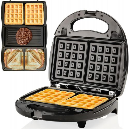  [아마존베스트]Ovente Electric Indoor Sandwich Grill Waffle Maker Set with 3 Removable Non-Stick Cast Iron Cooking Plates, 750W Countertop Breakfast Bread Toaster Perfect for Grilled Cheese Egg S