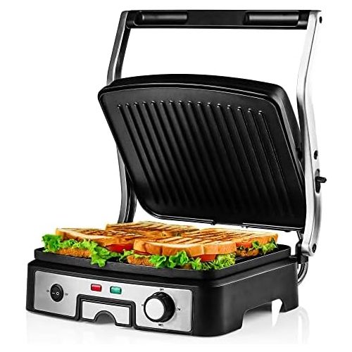  [아마존베스트]Ovente Electric Panini Press Grill Bread Toaster Nonstick Double Sided Flat Plates with 3 Temperature Setting & Removable Drip Tray, 4 Slice Sandwich Maker for Burger & Grilled Che