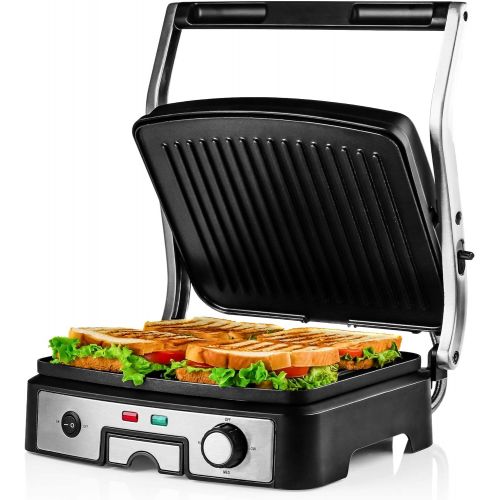  [아마존베스트]Ovente Electric Panini Press Grill Bread Toaster Nonstick Double Sided Flat Plates with 3 Temperature Setting & Removable Drip Tray, 4 Slice Sandwich Maker for Burger & Grilled Che