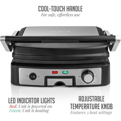  [아마존베스트]Ovente Electric Panini Press Grill Bread Toaster Nonstick Double Sided Flat Plates with 3 Temperature Setting & Removable Drip Tray, 4 Slice Sandwich Maker for Burger & Grilled Che