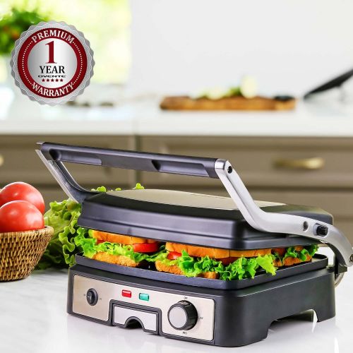  [아마존베스트]Ovente Electric Panini Press Grill Bread Toaster Nonstick Double Sided Flat Plates with 3 Temperature Setting & Removable Drip Tray, 4 Slice Sandwich Maker for Burger & Grilled Che