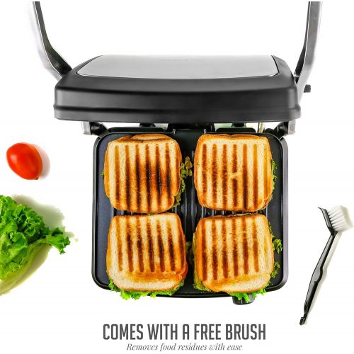  [아마존베스트]Ovente Electric Panini Press Grill Bread Toaster Nonstick Double Sided Flat Plates with 3 Temperature Setting & Removable Drip Tray, 4 Slice Sandwich Maker for Burger & Grilled Che