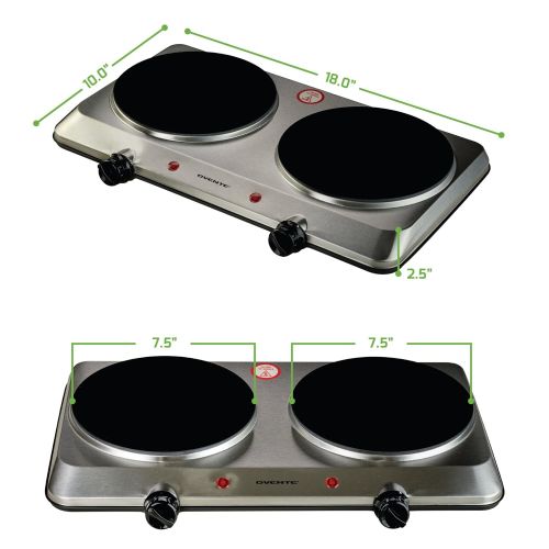  Ovente Countertop Infrared Burner  1500 Watts  Ceramic Double Plate Cooktop with Temperature Control, Non-Slip Feet  IndoorOutdoor Portable Electric Stove  Brushed Stainless S