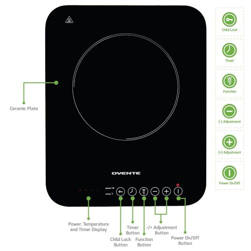  Ovente Induction Countertop Burner, Cool-Touch Ceramic Glass Cooktop with Temperature Control, Timer, 1800-Watts, Digital LED Touchscreen Display, IndoorOutdoor Portable Single Ho