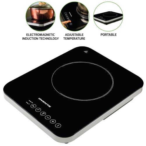  Ovente Induction Countertop Burner, Cool-Touch Ceramic Glass Cooktop with Temperature Control, Timer, 1800-Watts, Digital LED Touchscreen Display, IndoorOutdoor Portable Single Ho