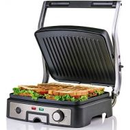 Ovente GP1861BR 6-Slice Multi-Purpose Electric Panini 3 Heat Settings,1500W, Non-Stick Coated Plates, 180° Hinge, Cool-Touch Handle, Drip Tray, Grill Brush, Nickel