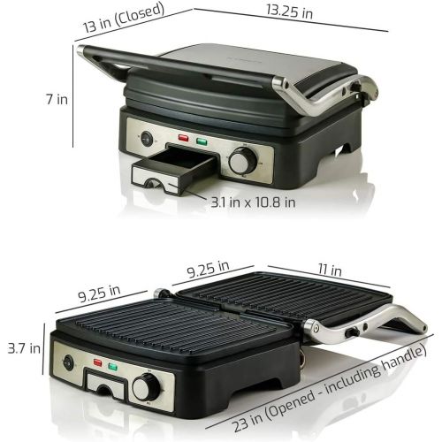  Ovente GP1861BR 6-Slice Multi-Purpose Electric Panini 3 Heat Settings,1500W, Non-Stick Coated Plates, 180° Hinge, Cool-Touch Handle, Drip Tray, Grill Brush, Nickel