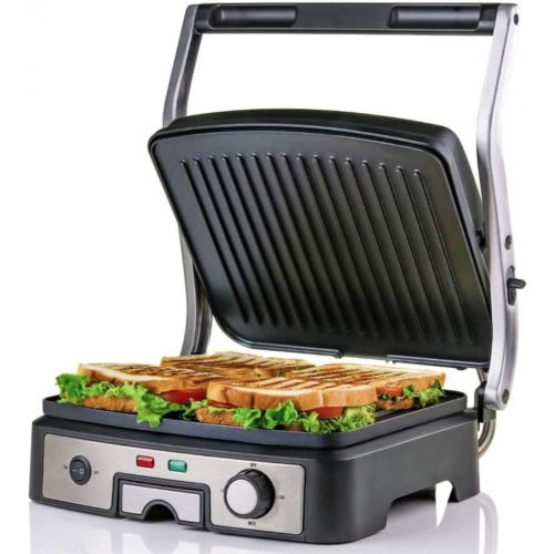  Ovente GP1861BR 6-Slice Multi-Purpose Electric Panini 3 Heat Settings,1500W, Non-Stick Coated Plates, 180° Hinge, Cool-Touch Handle, Drip Tray, Grill Brush, Nickel