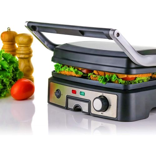  Ovente GP1861BR 6-Slice Multi-Purpose Electric Panini 3 Heat Settings,1500W, Non-Stick Coated Plates, 180° Hinge, Cool-Touch Handle, Drip Tray, Grill Brush, Nickel