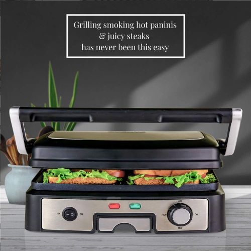  Ovente GP1861BR 6-Slice Multi-Purpose Electric Panini 3 Heat Settings,1500W, Non-Stick Coated Plates, 180° Hinge, Cool-Touch Handle, Drip Tray, Grill Brush, Nickel