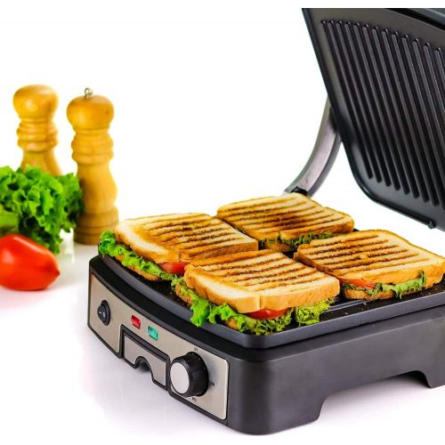  Ovente GP1861BR 6-Slice Multi-Purpose Electric Panini 3 Heat Settings,1500W, Non-Stick Coated Plates, 180° Hinge, Cool-Touch Handle, Drip Tray, Grill Brush, Nickel