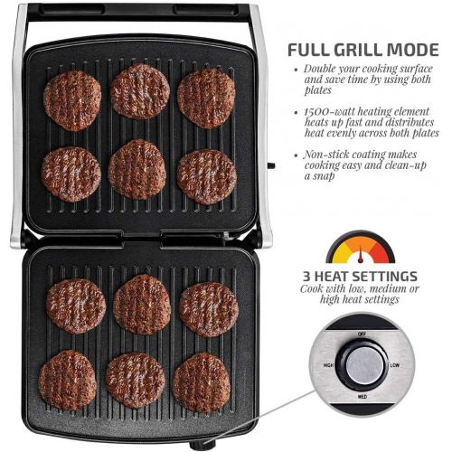  Ovente GP1861BR 6-Slice Multi-Purpose Electric Panini 3 Heat Settings,1500W, Non-Stick Coated Plates, 180° Hinge, Cool-Touch Handle, Drip Tray, Grill Brush, Nickel