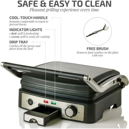  Ovente GP1861BR 6-Slice Multi-Purpose Electric Panini 3 Heat Settings,1500W, Non-Stick Coated Plates, 180° Hinge, Cool-Touch Handle, Drip Tray, Grill Brush, Nickel