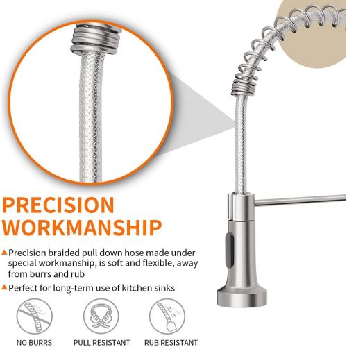  OWOFAN Kitchen Faucets Low Lead Commercial Solid Brass Single Handle Single Lever Pull Down Sprayer Spring Kitchen Sink Faucet, Brushed Nickel