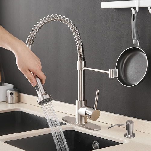  OWOFAN Kitchen Faucets Low Lead Commercial Solid Brass Single Handle Single Lever Pull Down Sprayer Spring Kitchen Sink Faucet, Brushed Nickel