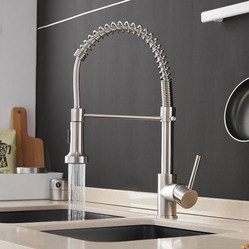  OWOFAN Kitchen Faucets Low Lead Commercial Solid Brass Single Handle Single Lever Pull Down Sprayer Spring Kitchen Sink Faucet, Brushed Nickel