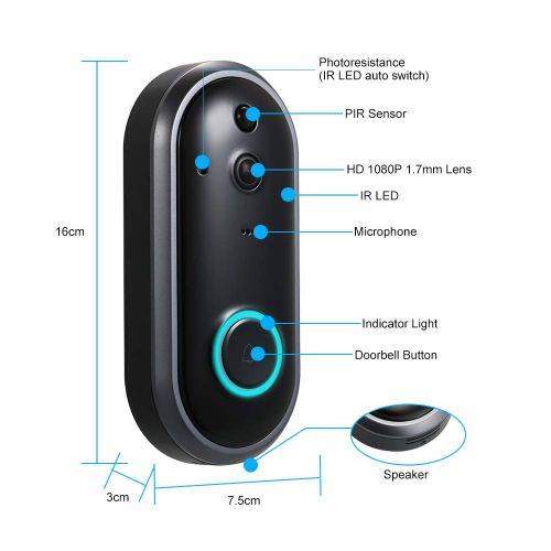  Smart WiFi 1080P Security Doorbell OWSOO Visual Recording Night Vision PIR Motion Detection Low Power Consumption Phone APP Remote Home Monitoring(TF Card&Battery are Not Included)