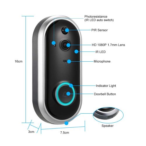  Smart WiFi 1080P Security Doorbell OWSOO Visual Recording Night Vision PIR Motion Detection Low Power Consumption Phone APP Remote Home Monitoring(TF Card&Battery are Not Included)