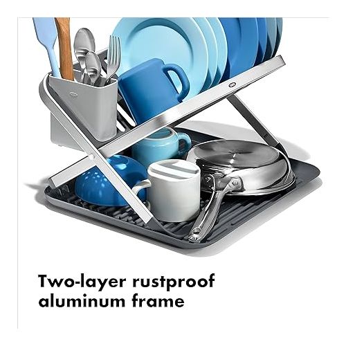 옥소 OXO Good Grips Aluminum Fold Flat Dish Drying Rack, 2-Tier, with Drainboard, for Kitchen Counter, Collapsible